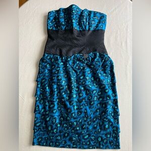 Vintage 90s Strapless Teal Leopard Print Tiered Silk Dress Sz 10
